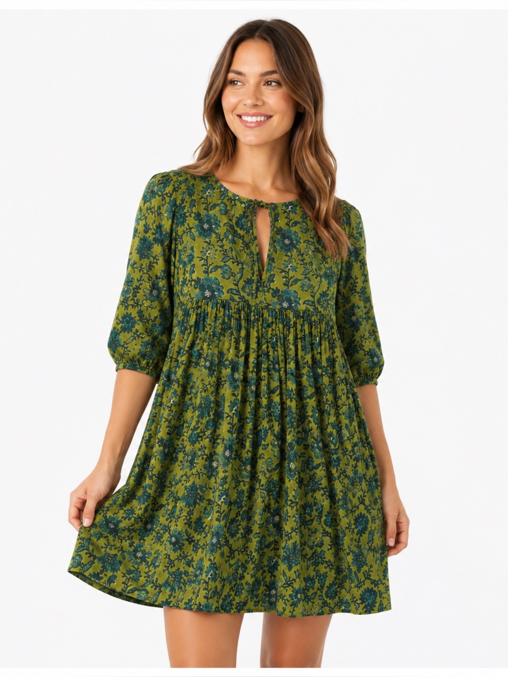 NATURAL LIFE Aimee Boho Green Floral Lined Mini Dress Cottagecore Size Small